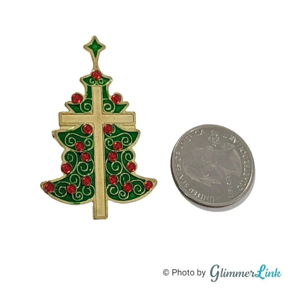 Christmas Tree Cross Red Rhinestones Holiday Religious Brooch